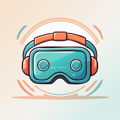Cartoon illustration of a VR headset with orange accents and a teal color scheme, set against a soft gradient background.