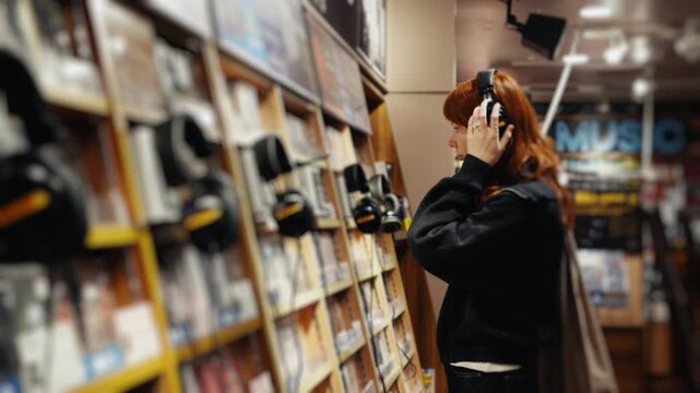 Young woman listening to music on headphones in a record store