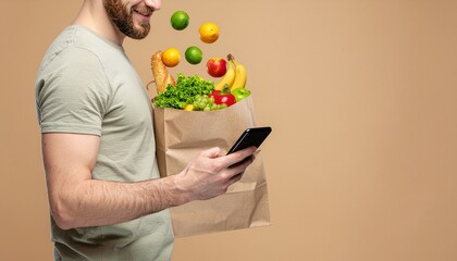 Man holding grocery bag and smartphone with fresh produce floating out