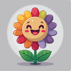 Cartoon flower with a smiling face and rainbow colored petals, standing against a gray background.