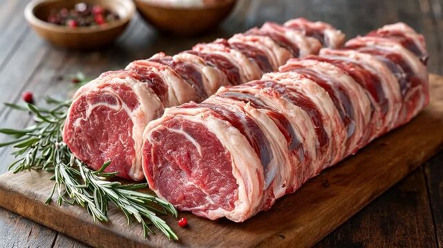 Raw Lamb Chops Prepared For Grilling Seasoned With Salt and Rosemary Sprigs Arranged On Rustic Wooden Board with Blurred Background