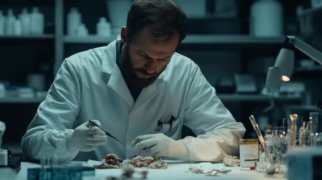 selective focus forensic pathologist performing post mortem examination on car crash victim