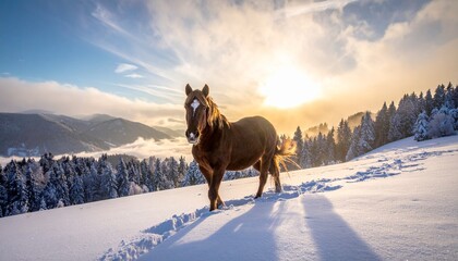 Majestic Horse Standing in Snowy Mountain Landscape at Sunset
