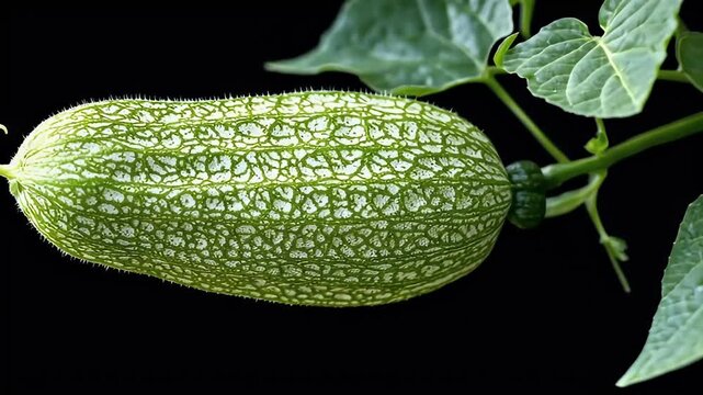 Close up of a green bumpy wild cucumber with white reticulated pattern hanging from a vine with green leaves on a black background detailed macro shot healthy organic plant growth