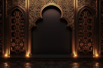 A luxurious dark arabian archway with intricate gold patterns and warm lighting
