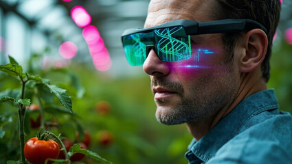 Agronomist using smart glasses for digital crop analysis and AI precision farming in greenhouse