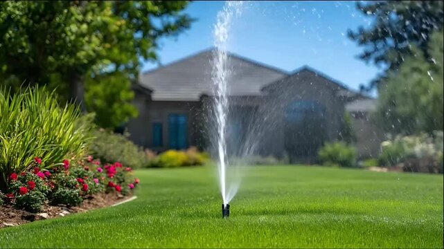 Sprinkler watering a lush green lawn in a residential garden with flowers and a house in the background