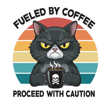Fueled by coffee black cat holding skull mug with retro sunset circle backdrop