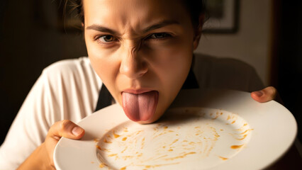 Hungry Woman Licking Leftovers from a White Plate