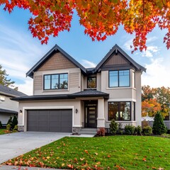 Modern House Exterior with Autumn Leaves and Blue Sky