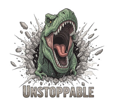 Unstoppable t-rex dinosaur breaking wall roaring graphic design vector art