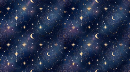 Magical starry night sky with crescent moons and constellations
