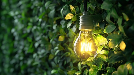 Eco friendly lightbulb with plants on green background renewable energy