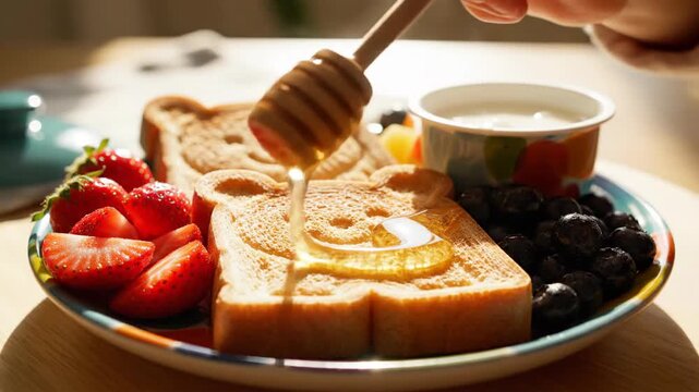 Breakfast scene with bear shaped toast and fresh berries close up