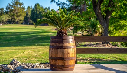 Palm Plant in Wooden Barrel Planter on Deck