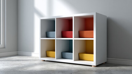 White shelf with colorful cubbies in a sunlit room.