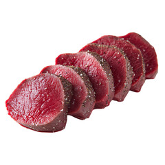 Premium quality raw red meat slices seasoned with coarse salt and black pepper
