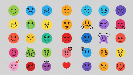 Colorful emoticon faces in various expressions and designs on gray background