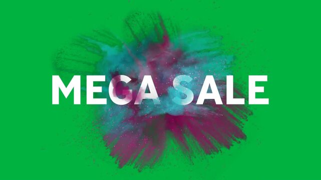 Animation of mega sale text with colorful smoke on black background