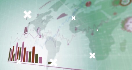 Animation of white crosses over red grid, data processing on graph over globe, and qr code on black - Powered by Adobe