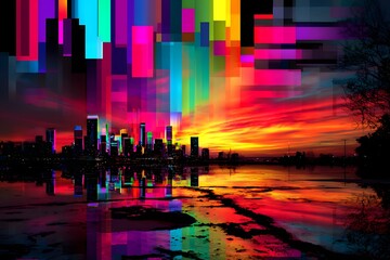 Futuristische Stadtlandschaft mit digitalem Glitch und dramatischem Sonnenuntergang

