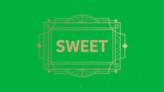 Animation of gold text mega sweet, in decorative gold frame, on orange background