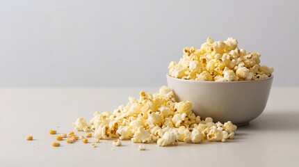 Freshly Popped Corn in a Neutral Ceramic Bowl with Scattered Kernels on a Minimalist Surface