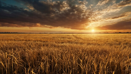 Golden Wheat Field at Sunset under Dramatic Stormy Sky, Rural Agricultural Landscape with Ripe Cereal Crop and Sunbeams