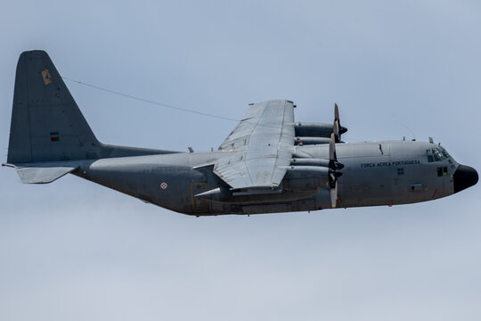 Beja, Portugal - 18 June 23: Military C-130 transport aircraft in flight