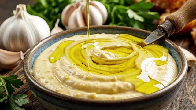 Close up of creamy dip with drizzled olive oil and fresh ingredients