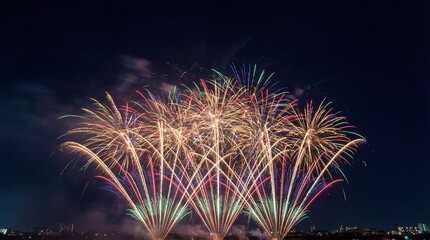 Vibrant Multi-Color Fireworks Display Exploding Over City Skyline at Night