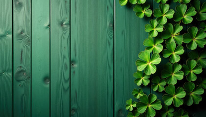 Wooden background with clover. Wood texture with shamrocks. Lucky Saint Patrick's day, St Paddy's Day - Irish National holiday. Copy space.