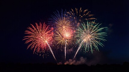 Beautiful Red Green and Blue Fireworks Bursts Against Dark Night Sky