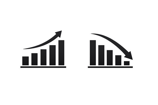 "Vector illustration of a bar chart icon with arrows pointing up and down, symbolizing business growth and decline, designed as an infographic element with a transparent background."