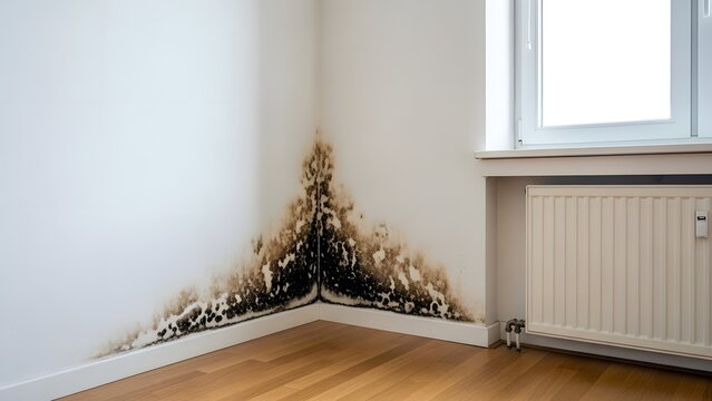 Black mold growth on a white wall in the corner of a room with wooden floor and radiator mildew damp