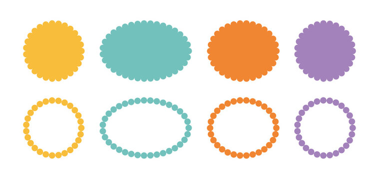 Circles with wavy zigzag edges. Badge star, sale price tag, colorful sun, circle and oval label, starburst sticker shape, Vector illustration.