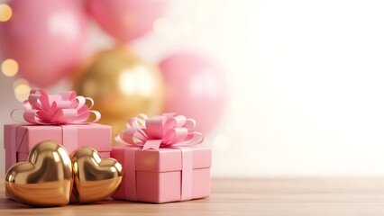 Pink and gold birthday celebration with balloons and gift boxes