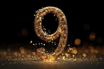Glittering Golden Number Nine with Sparkling Background