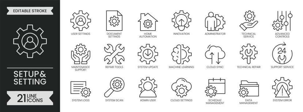 Setup and Setting outline icons set. Containing control, configuration, maintenance, tool, gear, panel, option, support, repair, update, automation. Editable stroke symbols pack. Vector illustration