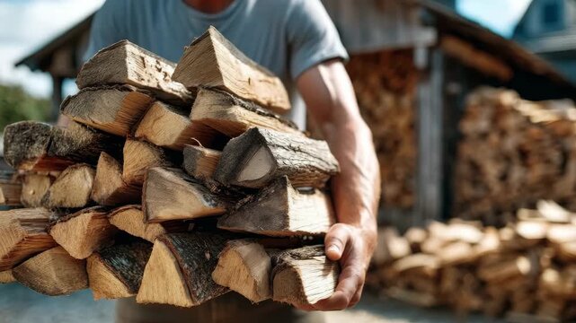 Man carrying a large stack of chopped firewood for heating outdoors