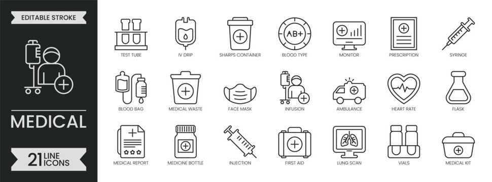 Medical outline icon set. Healthcare related line icons collection. Medicine, doctor, ambulance, treatment, injection, hospital, clinic, nurse. Editable stroke symbols pack. Vector illustration