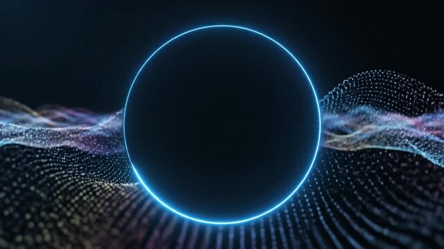 Glowing blue circle with a neon light outline surrounded by colorful wave patterns and dots on a dark background with a futuristic and technological mood.