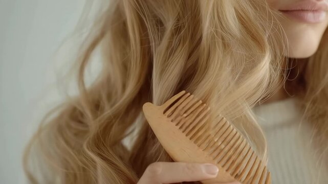 Hair care: woman brushing long, wavy, healthy blonde hair with a wooden brush