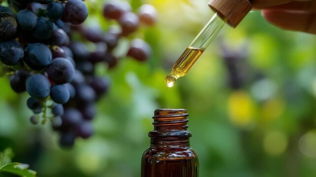 Grape seed extract or oil: drop falling from a dropper into a glass bottle near dark grapes