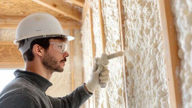Construction worker applying spray foam insulation to a house wall during construction