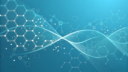 Abstract molecular structure and wave patterns on a blue gradient background, representing science