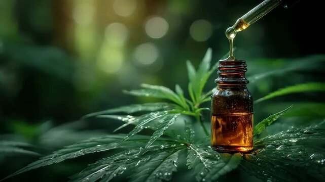 Dramatic close-up: CBD/hemp oil dropping from a pipette into an amber bottle on a leaf