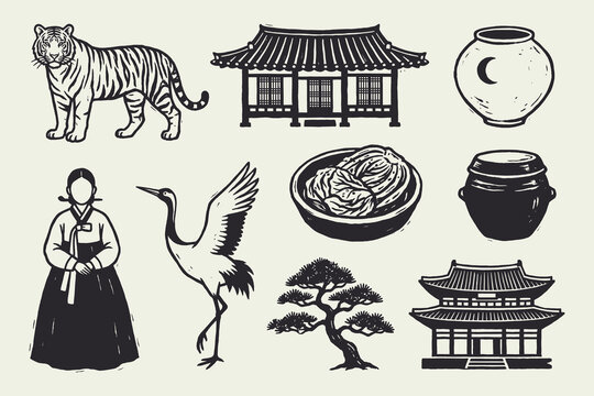 Vintage Korean Cultural Icons Set in Woodcut Style: Tiger, Hanok, and Hanbok