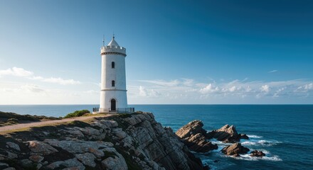 A tall historic white tower standing guard over rugged cliffs and the vast blue ocean, guiding ships along the windy coastline ,rocks ,warning ,dramatic