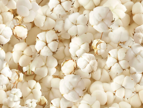Background with cotton bolls containing soft, fluffy fibres. Opened fluffy cotton flowers buds, harvesting. Full frame.